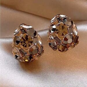 NEW Majestic Gold Encased Smoky Crystal Dome Stud Earrings